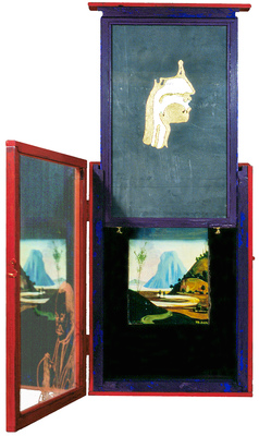 todd bartel Assemblages 1989-1994 constructed wood box, tempera, lead, gold leaf, pressed flowers, plaka on glass, velvet, brass, oil on linen, ink