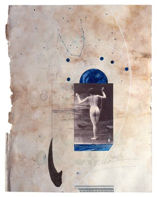 todd bartel Collages 1985-89+ postcard, cutout book engraving, reverse side of photograph with gelatin silver print transfer, marbleized paper, wax, carbon paper transfer, gouache, Elmer’s glue, and pencil on page from a Florentine book (“Book of Kings” c. 1900)
