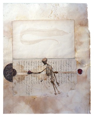 todd bartel Collages 1985-89+ cutout bookplates, reverse side of bookplate, marbleized paper, wax, Italian letter remnant (c. 1880), rose petal, gouache, Elmer’s glue, and pencil on an end page from a Florentine book (“Book of Kings” c. 1900)