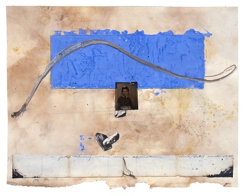 todd bartel Collages 1985-89+ carbon paper transfer, gouache, pencil, Presstype, Italian letter remnant (c. 1880), book cutouts, tintype, photo corners and snakeskin on an end page from a Florentine book (“Book of Kings” c. 1900)