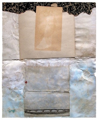 todd bartel Collages 1985-89+ cutout bookplates, reverse side of photograph with gelatin silver print transfer, marbleized paper, wax, gouache, Moose mane, book engraving, Elmer’s glue, and pencil on an end page from a Florentine book (“Book of Kings” c. 1900)
