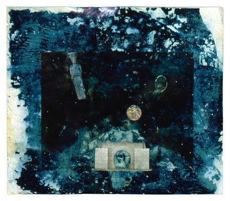 todd bartel Collages 1985-89+ carbon copy transfer, book cutouts, marbled paper, Elmer’s glue on “Odd Fellows Union” yearbook page