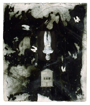 todd bartel Collages 1985-89+ carbon copy transfer, book cutouts, Elmer’s glue on “Odd Fellows Union” yearbook page