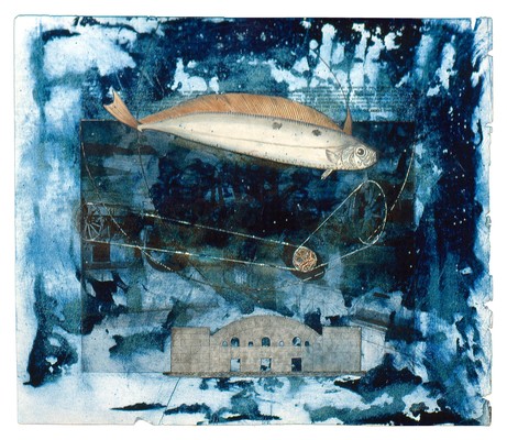 todd bartel Collages 1985-89+ carbon copy transfer, book cutouts, marbled paper, Elmer’s glue on “Odd Fellows Union” yearbook page