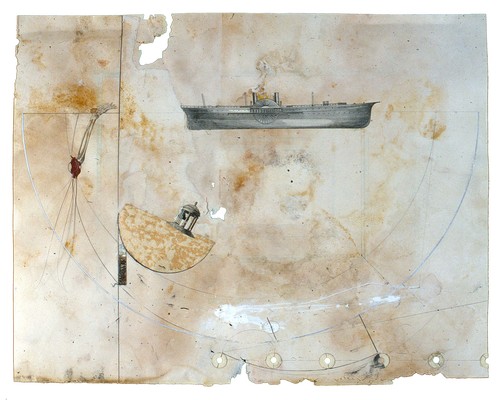 todd bartel Collages 1985-89+ cutout bookplates, reverse side of wallpaper remnant, gouache, watercolor, sealing wax, three-ring binder protectors, cat whiskers and pencil on back of page from a Florentine book (Book of Kings c. 1900)