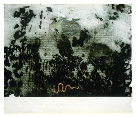 todd bartel Collages 1985-89+ carbon copy transfer, book cutouts, Elmer’s glue on “Odd Fellows Union” yearbook page