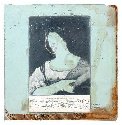 todd bartel Collages 1985-89+ postcard cutout from  L' Annunziazione (The Annunciation), pencil, gold leaf, pencil, Elmer's Glue, on book cover