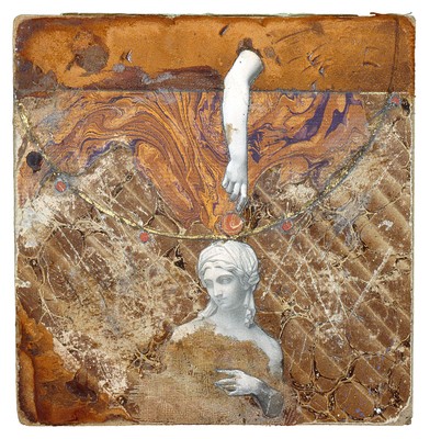 todd bartel Collages 1985-89+ marbled paper, burlap, book engravings, pencil, gold leaf, pencil, Elmer's Glue, on book cover