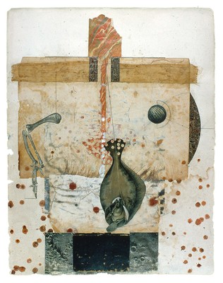 todd bartel Collages 1985-89+ sanded collage, book cloth, sealing wax, bookplates, book engravings, marbled paper, string, watercolor, pencil, mounted on handmade rag-paper bookplate