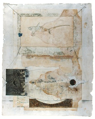 todd bartel Collages 1985-89+ sanded collage, rose petal, sealing wax, bookplates, string, carbon paper transfer, marbled paper, watercolor, gouache, pencil, Moose mane, mounted on handmade rag-paper bookplate