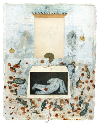todd bartel Collages 1985-89+ sanded collage, pencil-embossed paper, flowers, Eucalyptus leaf, sealing wax, bookplates, book engravings, string, carbon paper transfer, watercolor, Italian letter (c. 1880), mounted on handmade rag-paper bookplate