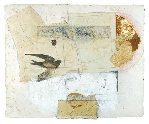 todd bartel Collages 1985-89+ sanded collage, leaves, bookplates, antique photograph, book engravings, antique wallpaper, gold leaf, string, gouache, carbon paper transfer, watercolor, pencil, mounted on handmade rag-paper bookplate