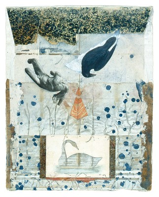 todd bartel Collages 1985-89+ sanded collage, marbleized paper, cloth, sealing was, bookplates, bookbinding cloth, string, wood blinds, watercolor, gouache, Italian letter (c. 1880), mounted on handmade rag-paper bookplate