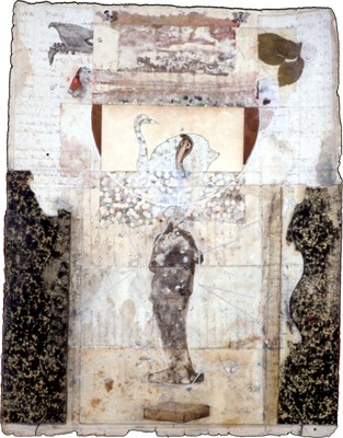todd bartel Collages 1985-89+ flower petals, cloth, marbleized paper, sealing was, bookplates, bookbinding cloth, watercolor, acrylic and gouache on Italian letter (c. 1880), mounted on handmade rag-paper bookplate