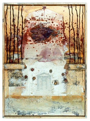 todd bartel Collages 1985-89+ sanded collage, book canvas, wood, sealing wax, book engravings, string, watercolor, ink, wax, antique manila envelope, enamel-painted fence wire, Italian letter c. 1980, marbled paper, Victorian marbles, mounted on rag paper, mounted on Masonite