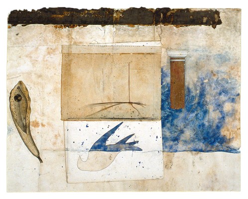 todd bartel Collages 1985-89+ watercolor, pencil, book cutouts, book cloth, string, cat whiskers, wax, on page from a Florentine book (“Book of Kings” c. 1900)