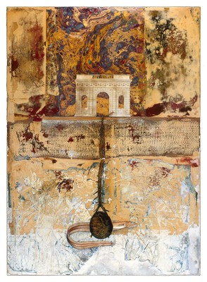 todd bartel Collages 1985-89+ sanded collage, burlap, wood, sealing wax, book engravings, string, watercolor, ink, wax, cracked-paint boat-tarp, Italian letter c. 1980, marbled paper, mounted on rag paper, mounted on Masonite
