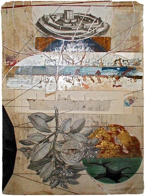 todd bartel Collages 1985-89+ nineteenth-century steel engraving bookplates, sanded paint on page from “Book of Origins” series, pencil, gold leaf, watercolor, acrylic and tempera on Italian letter (c. 1880), mounted on bookplate