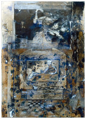 todd bartel Collages 1985-89+ sanded collage, LP sleeve, Orchid, sealing wax book engravings, wooden blinds, string, Plaka, watercolor, wax, ball bearing, on rag-paper, mounted on Masonite