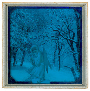 todd bartel Homages Victorian die-cut card, Photoshop manipulated 19th-century engraving, Xerography on 20th-century endpage, blue glass, paper, ink, antique frame