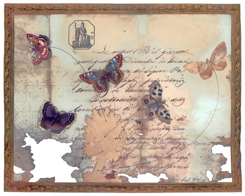 todd bartel Collages 1985-89+ Victorian die-cut ephemera, pencil, book cutting, Italian letter c. 1880