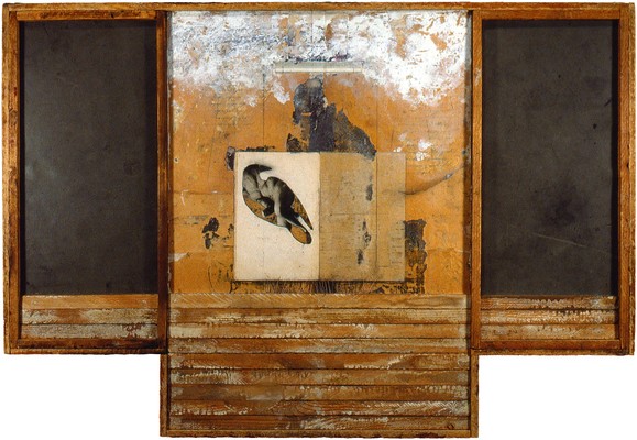 todd bartel Collages 1985-89+ cutout bookplates, linoleum, gouache, moose mane, plastered-wall wood, and pencil on manila envelopes, over Italian document (c. 1880) over thrice-painted boat canvas, mounted on Arches, mounted on Masonite in constructed wood frame