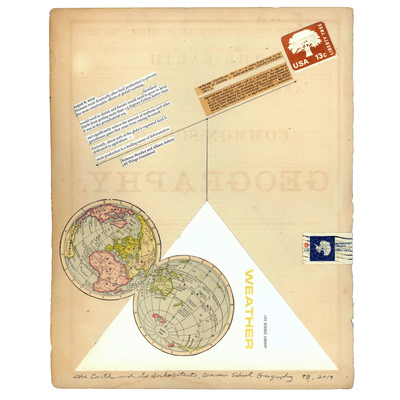 todd bartel Landscape Vernacular burnished interlocking collage, 19th-century end paper with leeched book title, 1899 map, title page (Weather) Life Science (1965), stamps, graphite, xerographic prints on nineteenth- and twentieth-century end-pages, Webster’s dictionary definitions, excerpts from August 8, 2019 NPR report, artist-made frame