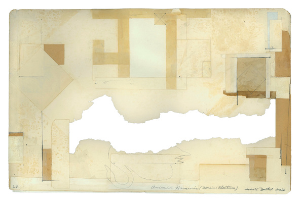 todd bartel Landscape Vernacular burnished, interlocking collage, xerographic prints on 20th-century end pages, pencil, watercolor, Yes glue, title page from “Everyday People,” by Charles Dana Gibson, Collier’s Weekly, New York 1904 (with missing artifact), “Bellman's Map,” from Charles Dodgson aka Lewis Carroll’s 1874 “The Hunting of the Snark”, “Anima Hominis” pp. 54-54 of the “Orbis Pictus” 1658 (the first children’s book ever published in Europe), rudder diagram’s of the Mayflower and a Boeing 767 (the plane flown into the twin towers), definitions of “tiller” and “rudder” (Merriam-Webster)