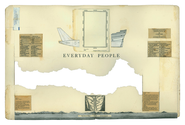 todd bartel Landscape Vernacular burnished, interlocking collage, xerographic prints on 20th-century end pages, pencil, watercolor, Yes glue, title page from “Everyday People,” by Charles Dana Gibson, Collier’s Weekly, New York 1904 (with missing artifact), “Bellman's Map,” from Charles Dodgson aka Lewis Carroll’s 1874 “The Hunting of the Snark”, “Anima Hominis” pp. 54-54 of the “Orbis Pictus” 1658 (the first children’s book ever published in Europe), rudder diagram’s of the Mayflower and a Boeing 767 (the plane flown into the twin towers), definitions of “tiller” and “rudder” (Merriam-Webster)