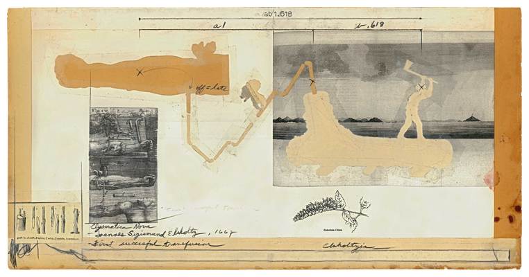 todd bartel Landscape Vernacular burnished interlocking collage, xerographic prints on nineteenth- and twentieth-century end-pages (left: How a Tree is Made into Lumber—lumberjack cutting a tree trunk into rectangular sections, Le Magasin Pittoresque, Larive and Fleury 1874; right: Clysmatica Nova,  Joannes Sigismund Elsholtz 1667), pencil, map frame cuttings, wax paper transfer, Yes Glue, document repair tape