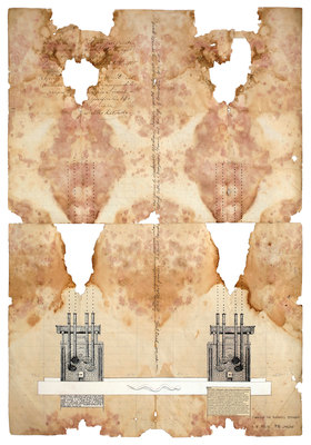 todd bartel Landscape Vernacular burnished interlocking collage, Italian Letter (dated 1998 verso), xerographic prints on nineteenth- and twentieth-century end-pages, pencil, Yes Glue, document repair tape, dictionary definitions