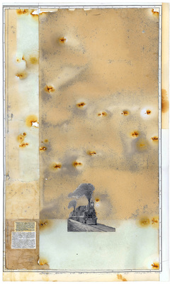todd bartel Landscape Vernacular burnished interlocking collage, xerographic-transfers on 19th century end papers and rain-washed, weather-beaten bulletin board paper with staple rust, map graticules, dictionary definitions of “pastoral,” pencil, wax paper transfer, Yes glue, document repair tape