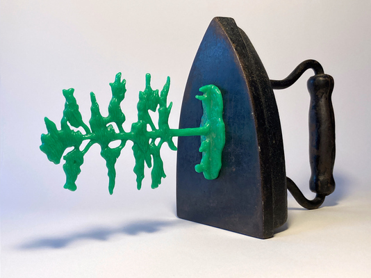 todd bartel Assemblages assisted readymade, vintage iron, toy plastic tree