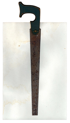 todd bartel Assemblages assisted readymade, xerographic print on bond paper, vintage saw handle