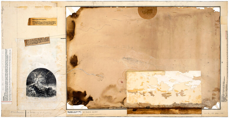 todd bartel Landscape Vernacular burnished interlocking collage, xerographic-transfers on 19th-century and 20th-century end papers and rain-washed, weather-beaten bulletin board paper, dictionary definitions of "clearing," “paradise,” "oasis," "light tower," Martin Heidegger's description of "clearing," pencil, watercolor, wax paper transfer, Yes glue, document repair tape
