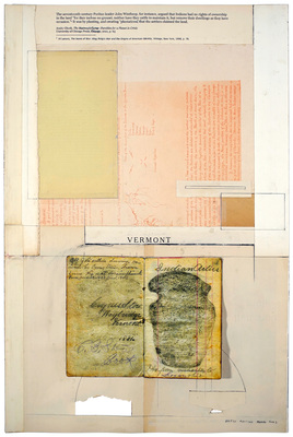todd bartel Landscape Vernacular verso: partial revealing of paper ground exposing Rimmer’s Anatomy (1877) with facial features of "Plan of the disposition of the Features in the Offensive Passions," quote at top from Amity Ghosh,'s The Nutmeg's Curse-Parables for a Planet in Crisis, Grangerized facsimile of pages 1-3 of Cyrus B. Stow's 1833 notebook pages highlighting drawings of "Indian relics," Yes glue, document repair tape, artist-made frame