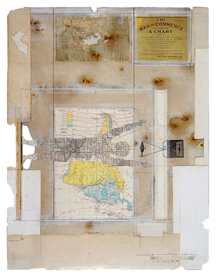 todd bartel Landscape Vernacular burnished interlocking collage; verso: xerographic transfers on weathered library bulletin board paper, pencil and xerographic prints on 19th and 20th-century end-page cuttings, document repair tape, pencil, 19th- and 20th-century endpaper cuttings for seam-support, Yes Glue; artist-made hinged frame