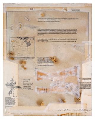 todd bartel Landscape Vernacular burnished interlocking collage; verso: xerographic transfers on weathered library bulletin board paper, pencil, document repair tape, 19th- and 20th-century endpaper cuttings for seam-support, Yes Glue; artist-made hinged frame