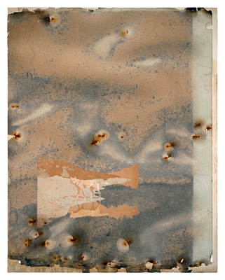 todd bartel Landscape Vernacular burnished interlocking collage; ; recto: 19th- and 20th-century end-papers inserted into weathered library bulletin board paper, watercolor