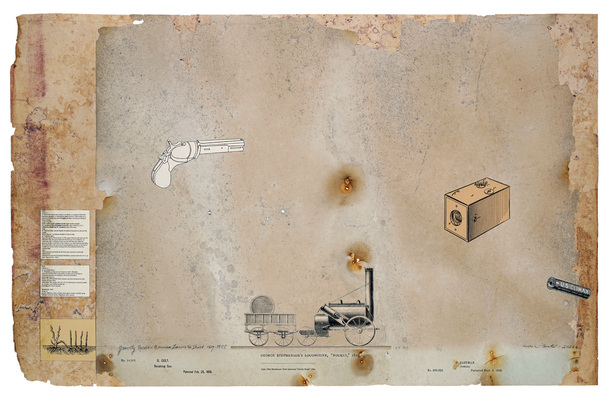 todd bartel Landscape Vernacular burnished interlocking collage; recto: xerographic prints on 19th- and 20th-century end-papers inserted into weathered library bulletin board paper, xerographic transfers; verso: document repair tape, 19th- and 20th-century endpaper cuttings for seam-support, Yes Glue; artist-made frame