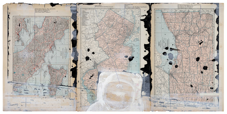 todd bartel Landscape Vernacular burnished interlocking collage; verso: India Ink, pen, pencil and xerographic transfer on maps, document repair tape; artist-made frame
