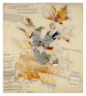 todd bartel Landscape Vernacular Interlocking collage; recto: rust transfer on blank 19th-century sketchbook pages and weathered aviary book page cuttings set into John James Audubon’s American Robin No. 27, Lithograph 1832 (printed by R. Havell) with pencil and inset xerographic transfers; verso: xerographic transfers, pencil and document repair tape on back of John James Audubon’s American Robin No. 27, lithograph, artist-made frame