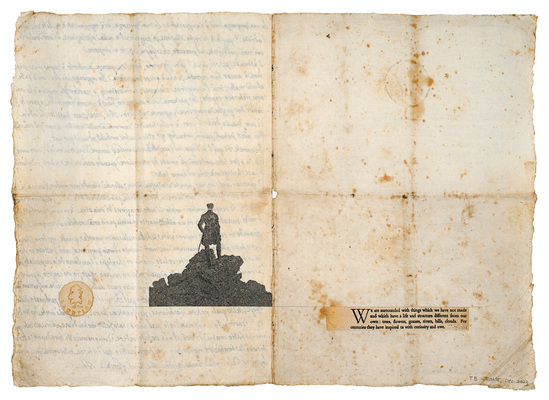 todd bartel As Is interlocking collage, lemon juice print, pencil and xerographic transfers on 20-century end-page cuttings inset into 19th-century Italian letter, document repair tape