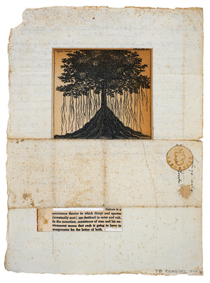 todd bartel As Is interlocking collage, lemon juice print, pencil, color pencil, gouache, and xerographic transfers on 20-century end-page cuttings inset into 19th-century Italian letter, document repair tape