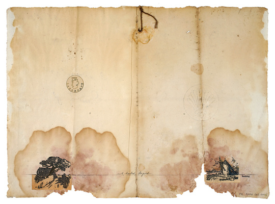 todd bartel As Is interlocking collage, lemon juice and ink print, pencil and xerographic transfers on 20-century end-page cuttings inset into 19th-century Italian letter, document repair tape
