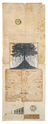 todd bartel As Is interlocking collage, xerographic transfer on 19th-century Italian letter, lemon juice prints, ink, pencil and xerographic transfers on 20-century end-page cuttings, and "bookworm" eaten 17th-century endpaper with xerographic transfer inset into 19th-century Italian letters, document repair tape