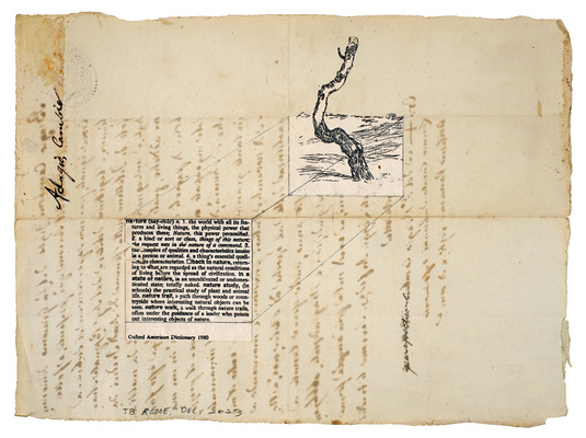 todd bartel As Is interlocking collage, xerographic transfers on 20-century end-page cuttings inset into 19th-century Italian letter, with lemon juice, watercolor, pencil, color pencil, document repair tape