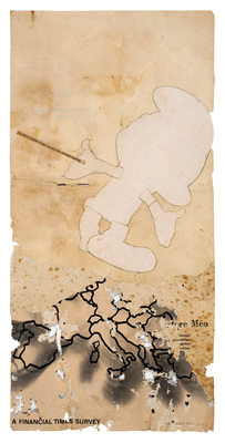 todd bartel As Is interlocking collage, poster fragment collected by Salvatore Meo, Smurf print on cardboard and xerographic transfer on 20-century end-page cutting inset into Florentine book page (Book of Kings c. 1900), xerographic transfer on 20-century end-page cuttings, document repair tape