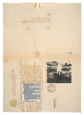todd bartel As Is interlocking collage, lemon juice print, and xerographic transfers on 20-century endpaper cuttings inset into 19th-century Italian letter, pencil, document repair tape