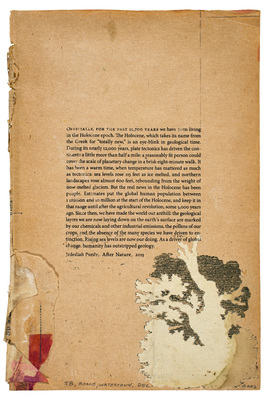 todd bartel As Is interlocking collage, pencil, xerographic transfer on 20-century end-page cutting inset into 20th-century endpaper with xerographic print and pencil, document repair tape